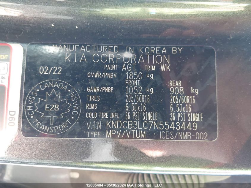 2022 Kia Niro Lx/Lxs/Lxs Se VIN: KNDCB3LC7N5543449 Lot: 12005484