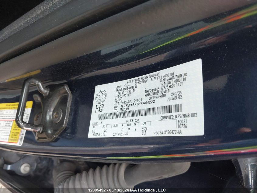 2017 Ford F150 Supercrew VIN: 1FTEW1EF3HFA04222 Lot: 12005492