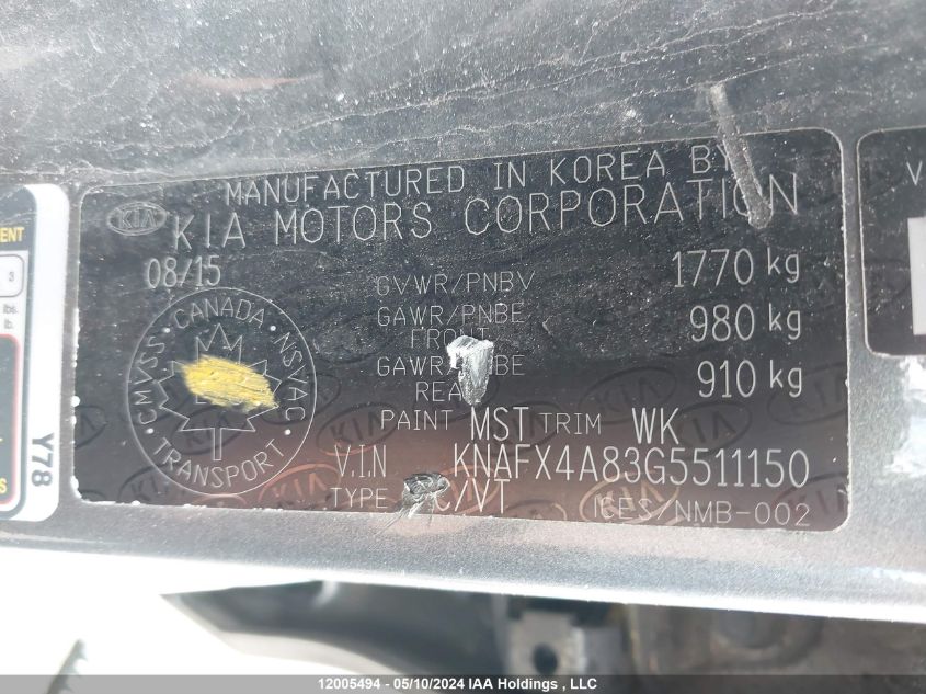 2016 Kia Forte VIN: KNAFX4A83G5511150 Lot: 12005494