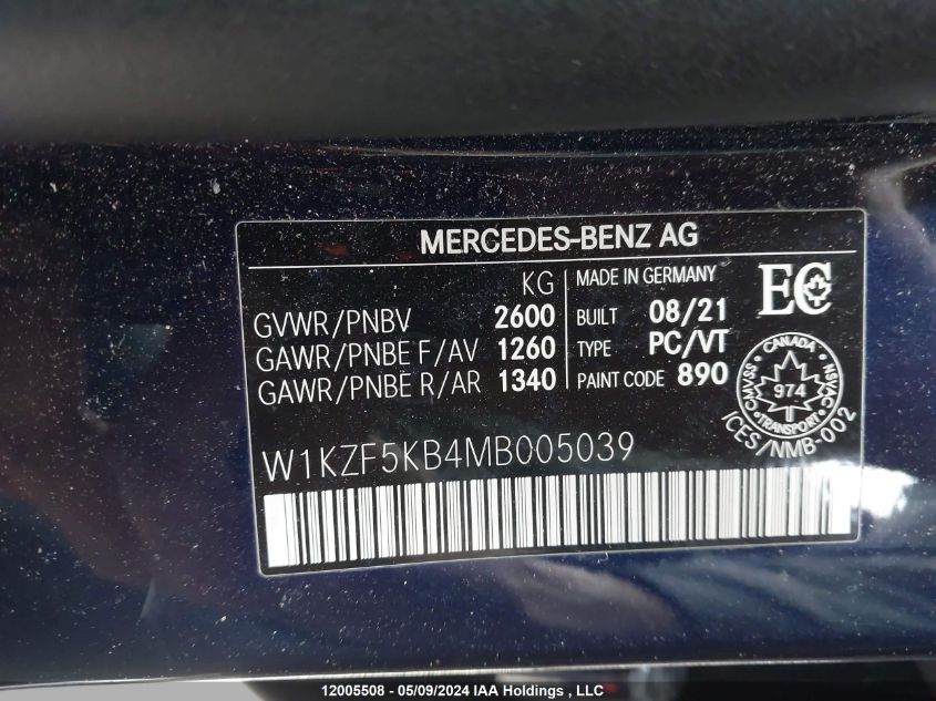 2021 Mercedes-Benz E-Class VIN: W1KZF5KB4MB005039 Lot: 12005508