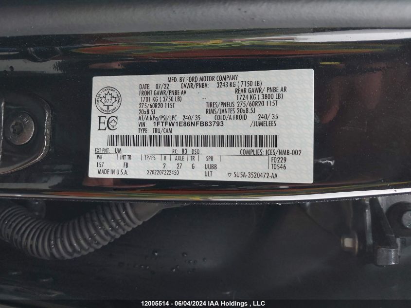 2022 Ford F-150 Xlt VIN: 1FTFW1E86NFB83793 Lot: 12005514