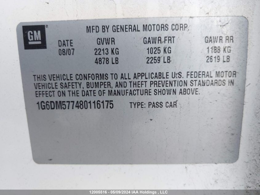 2008 Cadillac Cts Standard VIN: 1G6DM577480116175 Lot: 12005516