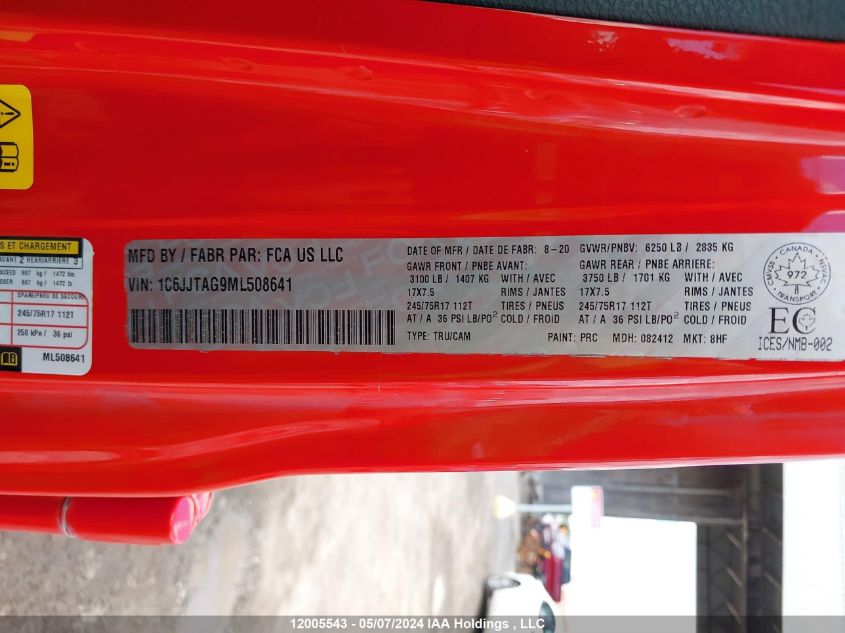 2021 Jeep Gladiator Sport VIN: 1C6JJTAG9ML508641 Lot: 12005543