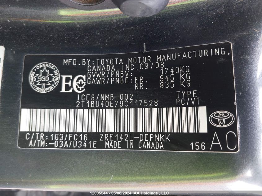 2009 Toyota Corolla Le VIN: 2T1BU40E79C117528 Lot: 12005544