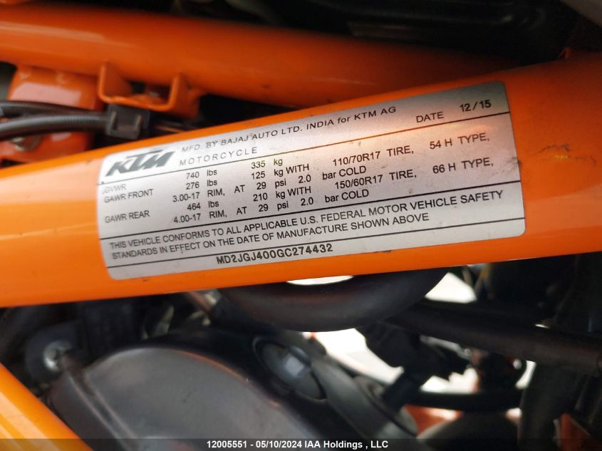 2016 Ktm Rc 390 VIN: MD2JGJ400GC274432 Lot: 12005551