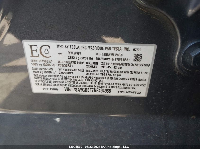 2022 Tesla Model Y VIN: 7SAYGDEF7NF494985 Lot: 12005560