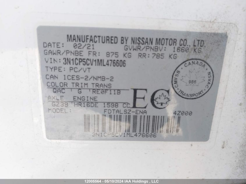 2021 Nissan Kicks VIN: 3N1CP5CV1ML476606 Lot: 12005564