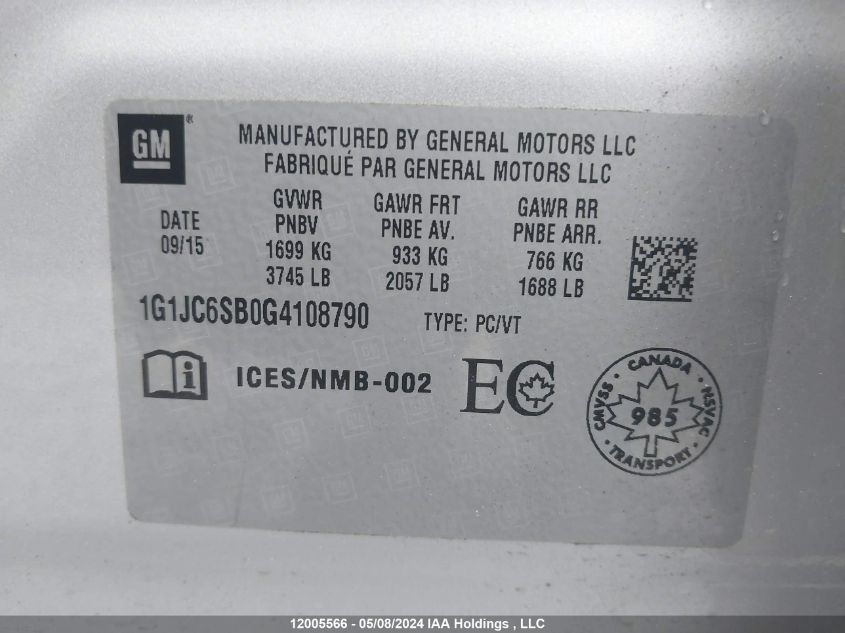 2016 Chevrolet Sonic VIN: 1G1JC6SB0G4108790 Lot: 12005566