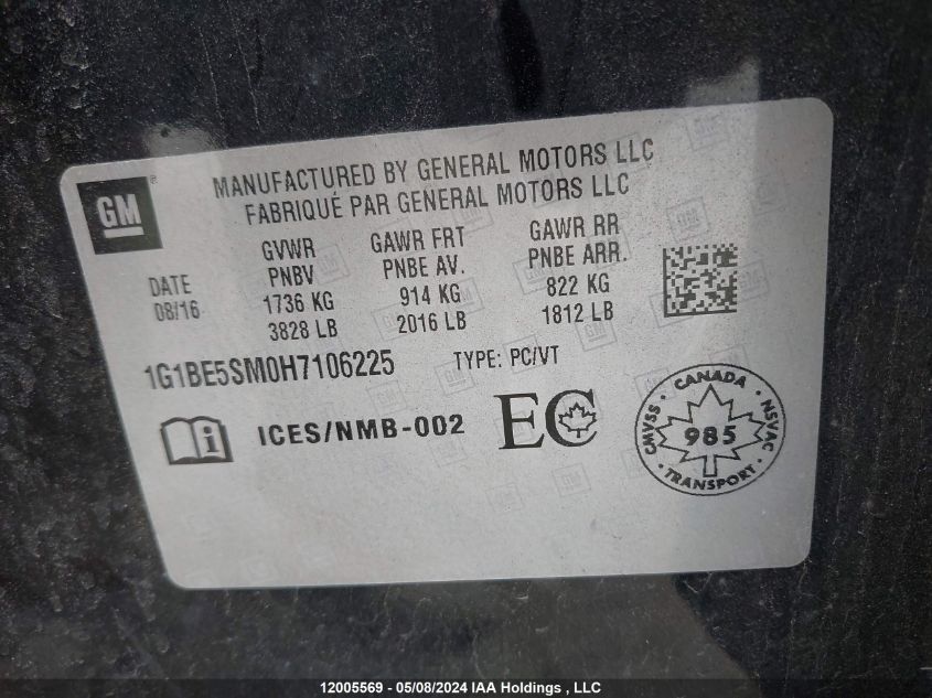 2017 Chevrolet Cruze Lt VIN: 1G1BE5SM0H7106225 Lot: 12005569