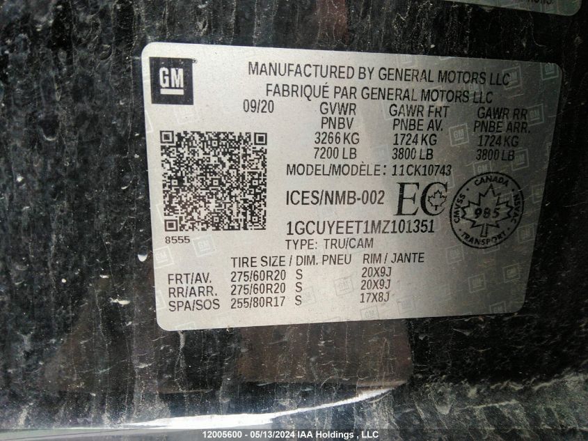 2021 Chevrolet Silverado K1500 Rst VIN: 1GCUYEET1MZ101351 Lot: 12005600