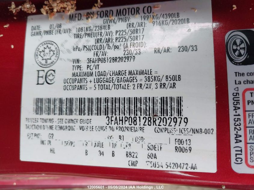 2008 Ford Fusion Sel VIN: 3FAHP08128R202979 Lot: 12005601