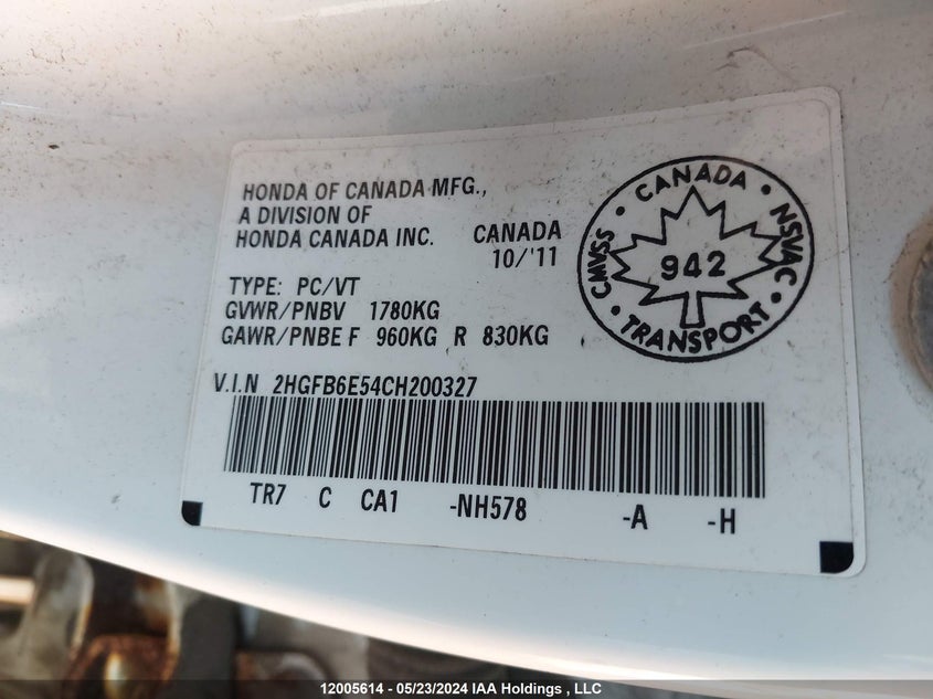 2012 Honda Civic Sdn VIN: 2HGFB6E54CH200327 Lot: 12005614