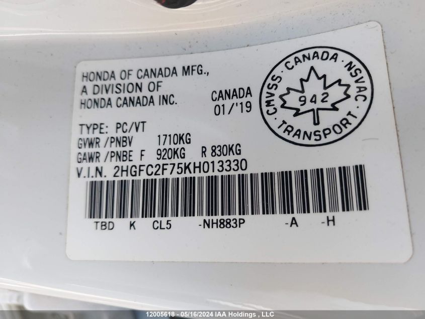 2019 Honda Civic Ex VIN: 2HGFC2F75KH013330 Lot: 12005618