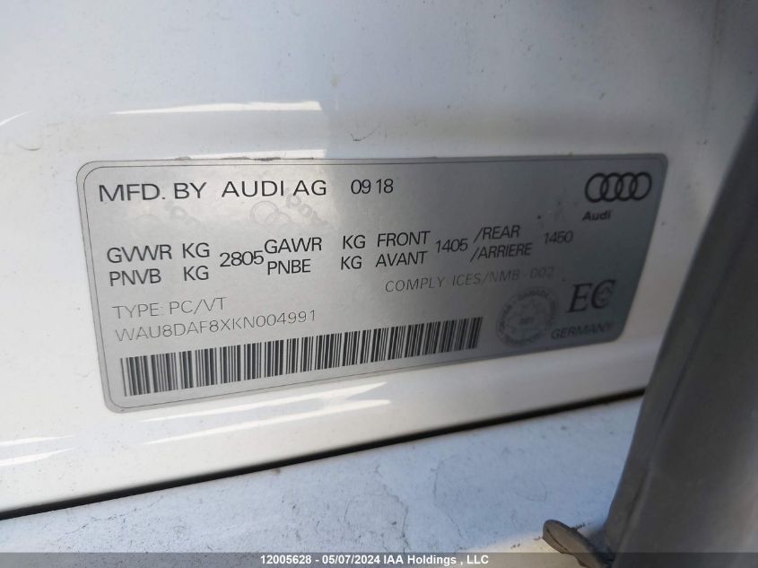 2019 Audi A8 L L VIN: WAU8DAF8XKN004991 Lot: 12005628