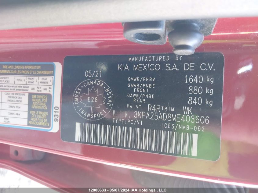 2021 Kia Rio 5-Door VIN: 3KPA25AD8ME403606 Lot: 12005633