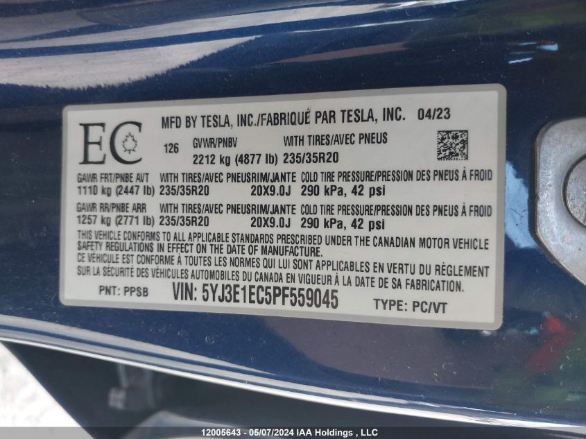 2023 Tesla Model 3 VIN: 5YJ3E1EC5PF559045 Lot: 12005643