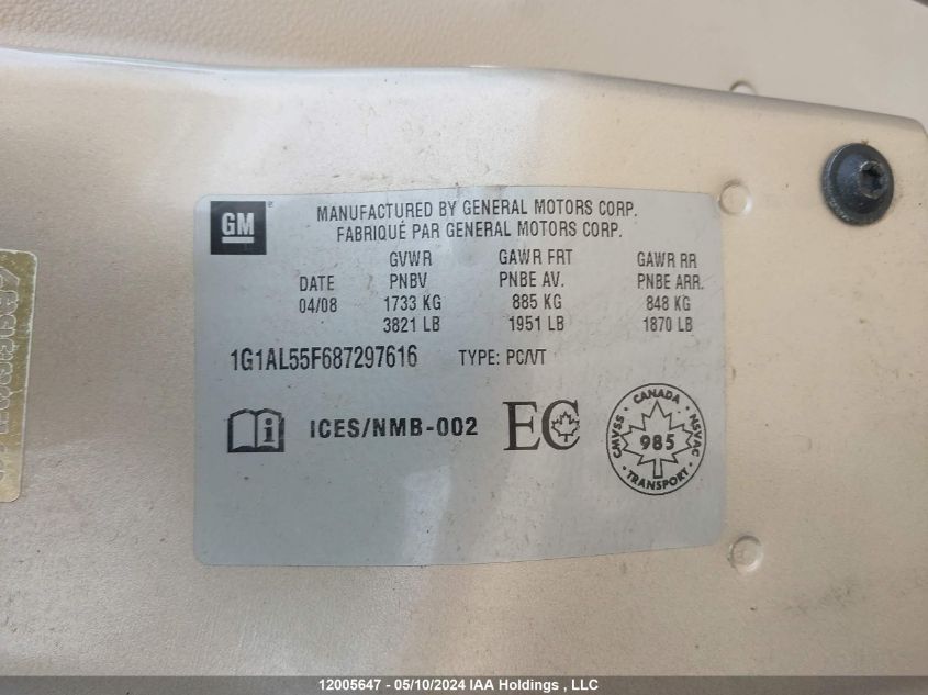 2008 Chevrolet Cobalt Lt VIN: 1G1AL55F687297616 Lot: 12005647