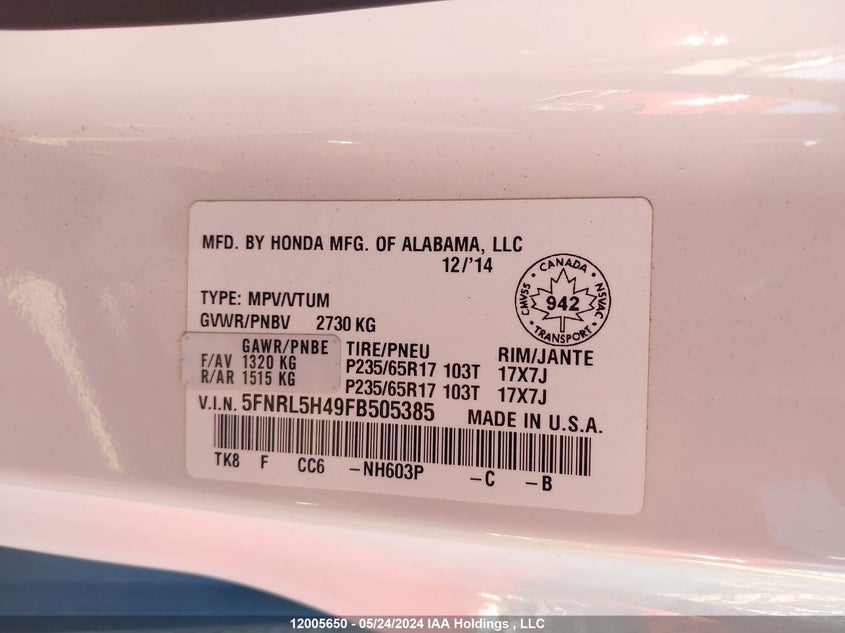 2015 Honda Odyssey VIN: 5FNRL5H49FB505385 Lot: 12005650