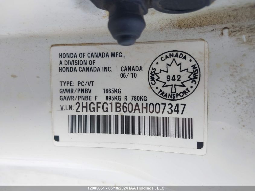 2010 Honda Civic VIN: 2HGFG1B60AH007347 Lot: 12005651