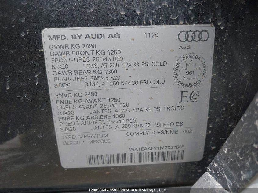 2021 Audi Q5 VIN: WA1EAAFY1M2027508 Lot: 12005664