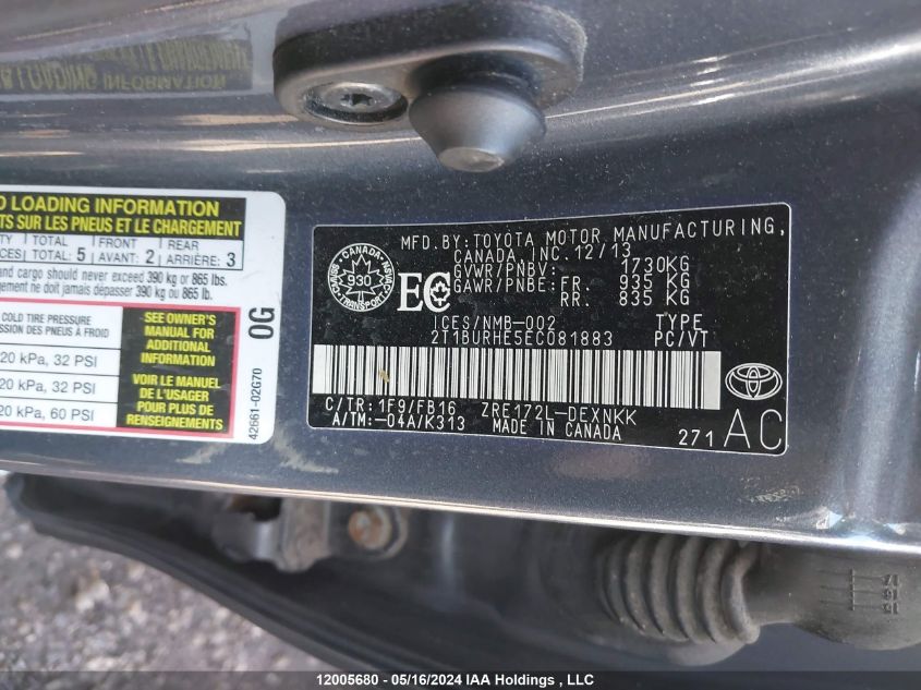 2014 Toyota Corolla L/Le/Le Pls/Prm/S/S Pls VIN: 2T1BURHE5EC081883 Lot: 12005680