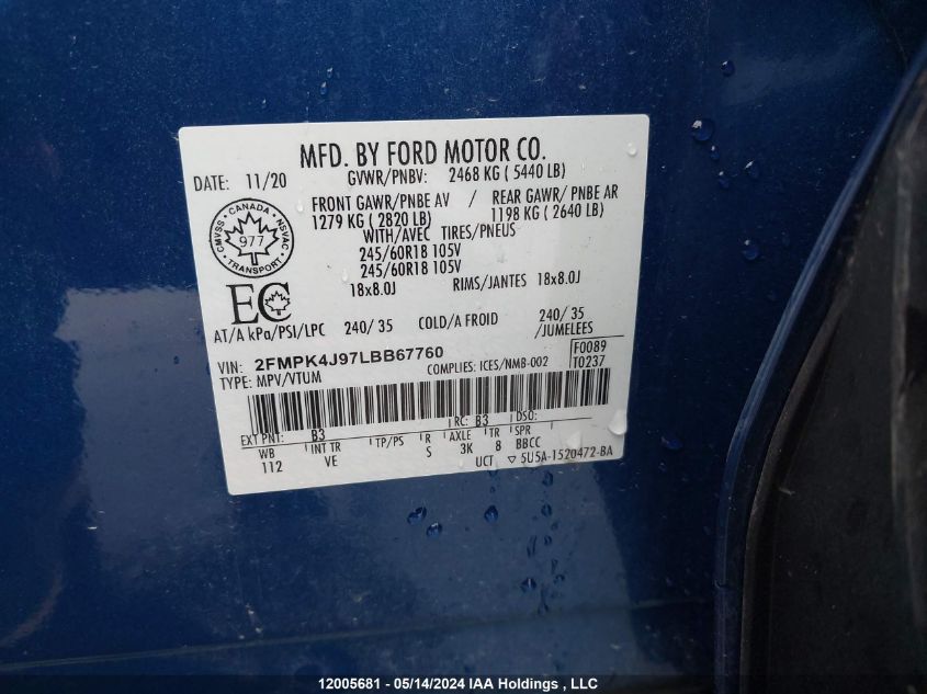 2020 Ford Edge Sel VIN: 2FMPK4J97LBB67760 Lot: 12005681