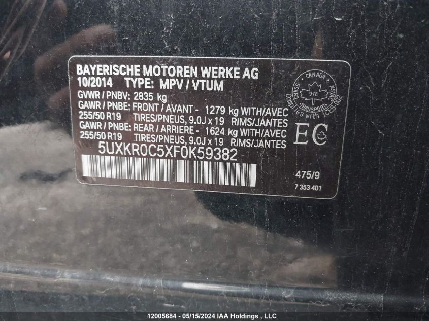 2015 BMW X5 xDrive35I VIN: 5UXKR0C5XF0K59382 Lot: 12005684