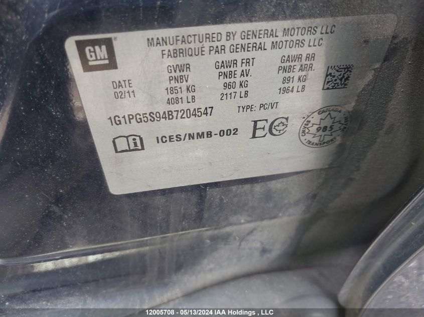 2011 Chevrolet Cruze VIN: 1G1PG5S94B7204547 Lot: 12005708