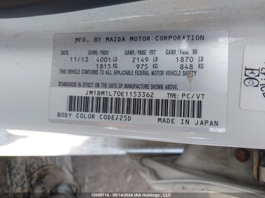 2014 Mazda Mazda3 VIN: JM1BM1L70E1153362 Lot: 12005714
