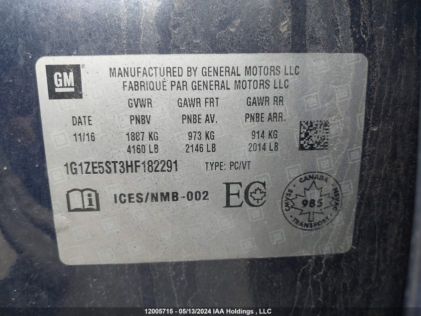 2017 Chevrolet Malibu VIN: 1G1ZE5ST3HF182291 Lot: 12005715