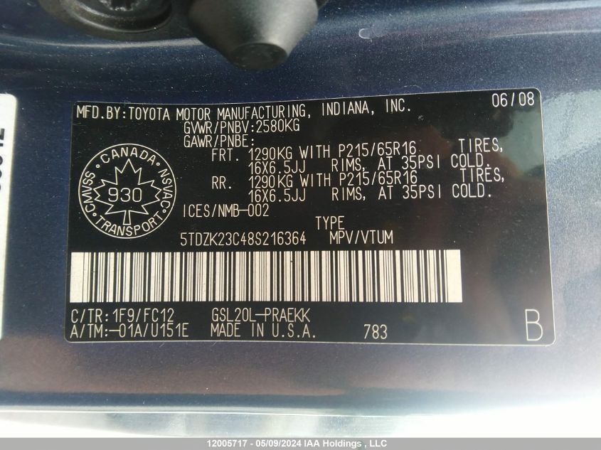 2008 Toyota Sienna Ce/Le VIN: 5TDZK23C48S216364 Lot: 12005717