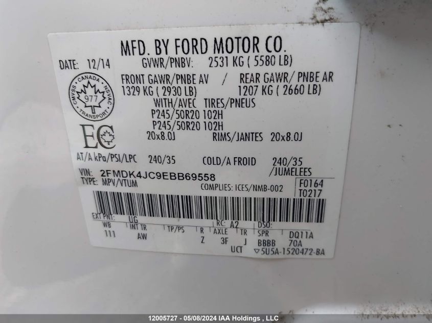 2014 Ford Edge Sel VIN: 2FMDK4JC9EBB69558 Lot: 12005727