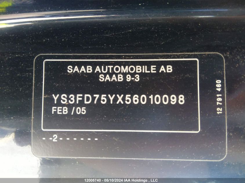 2005 Saab 9-3 VIN: YS3FD75YX56010098 Lot: 12005740