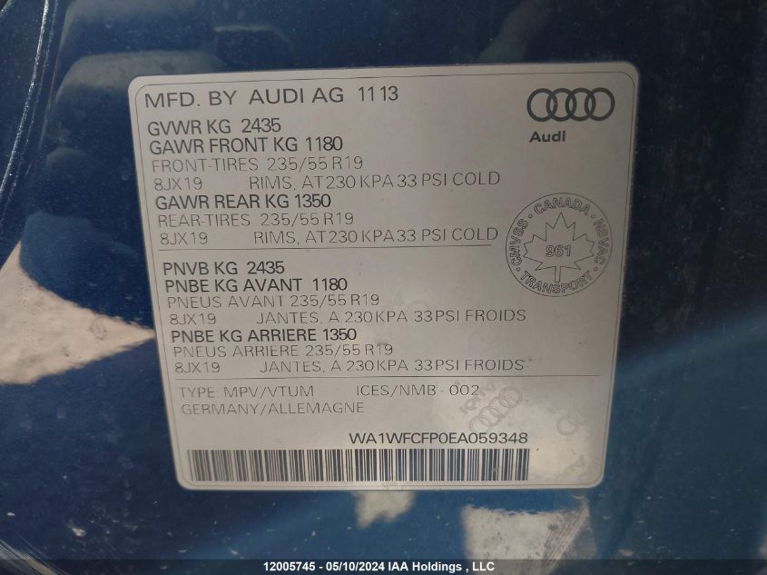 2014 Audi Q5 VIN: WA1WFCFP0EA059348 Lot: 12005745