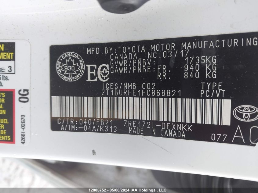 2017 Toyota Corolla Ce/Le/Se VIN: 2T1BURHE1HC868821 Lot: 12005752