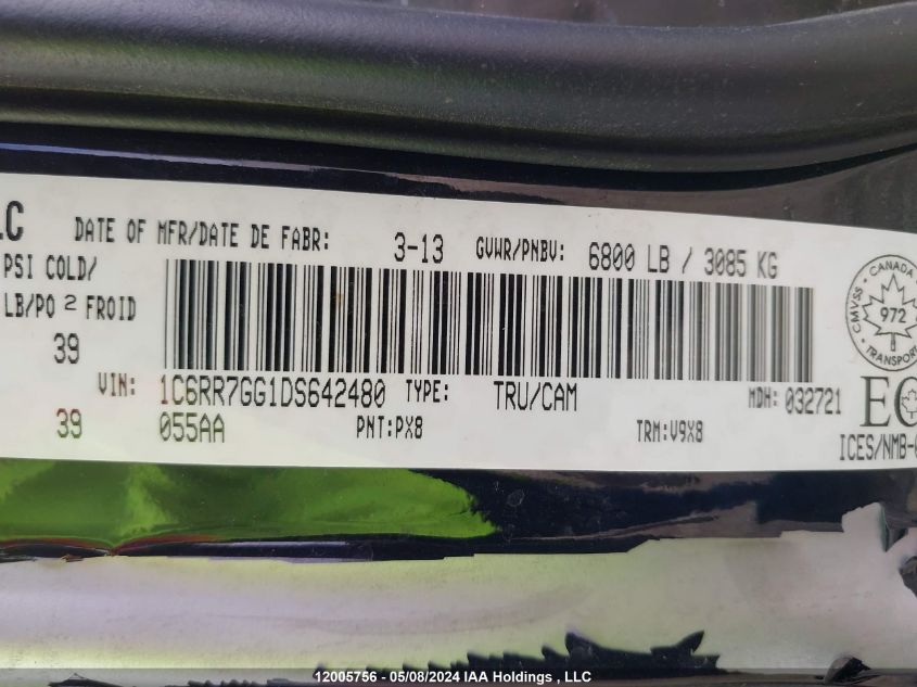 2013 Ram 1500 Slt VIN: 1C6RR7GG1DS642480 Lot: 12005756