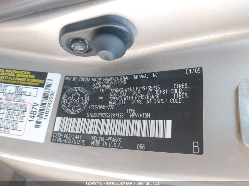 2005 Toyota Sienna Ce/Le VIN: 5TDZA23C55S281139 Lot: 12005758