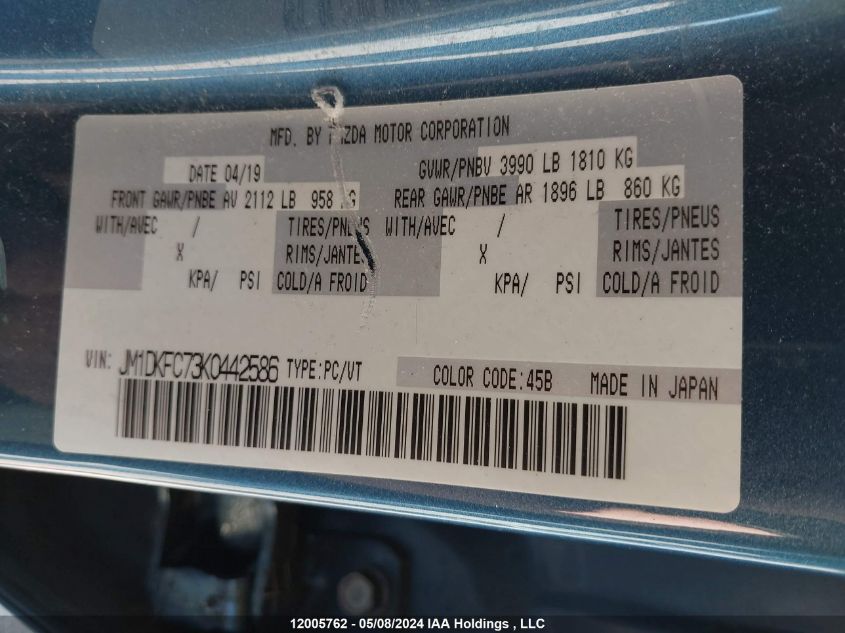 2019 Mazda Cx-3 VIN: JM1DKFC73K0442586 Lot: 12005762