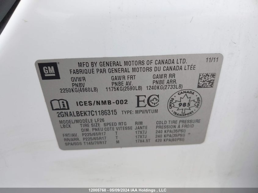 2012 Chevrolet Equinox VIN: 2GNALBEK7C1186315 Lot: 12005768