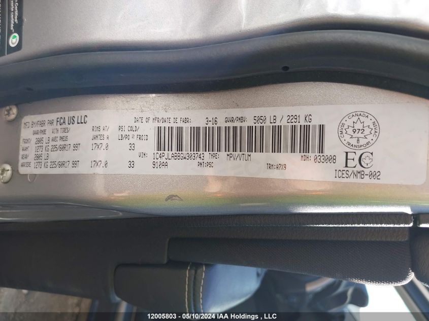 2016 Jeep Cherokee Sport VIN: 1C4PJLAB8GW303743 Lot: 12005803