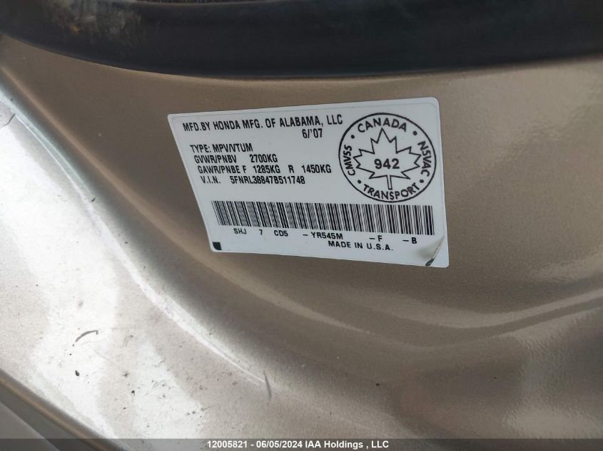 2007 Honda Odyssey Touring VIN: 5FNRL38847B511748 Lot: 12005821