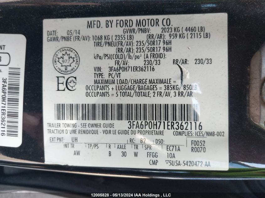 2014 Ford Fusion Se VIN: 3FA6P0H71ER362116 Lot: 12005828