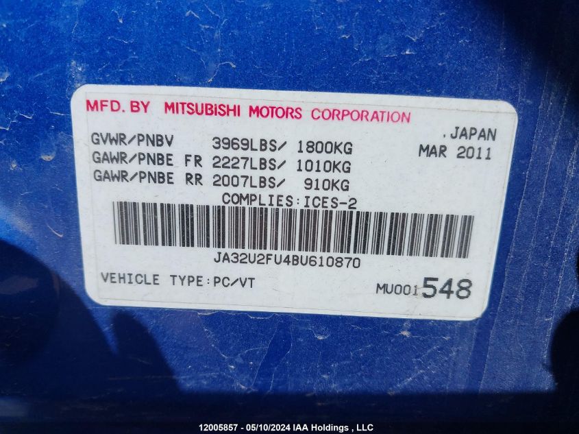 2011 Mitsubishi Lancer VIN: JA32U2FU4BU610870 Lot: 12005857