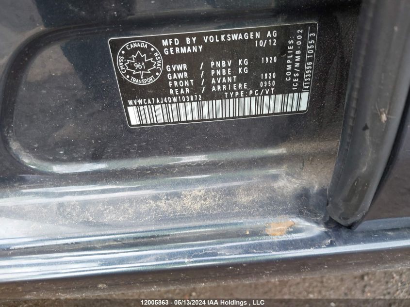 2013 Volkswagen Golf VIN: WVWCA7AJ4DW103872 Lot: 12005863