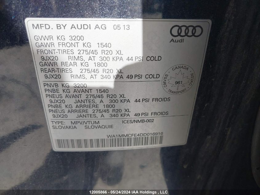 2013 Audi Q7 VIN: WA1MMCFE4DD016916 Lot: 12005866