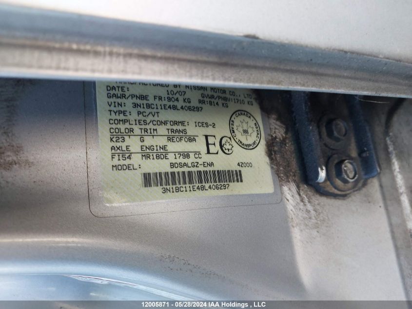 2008 Nissan Versa S/Sl VIN: 3N1BC11E48L406297 Lot: 12005871