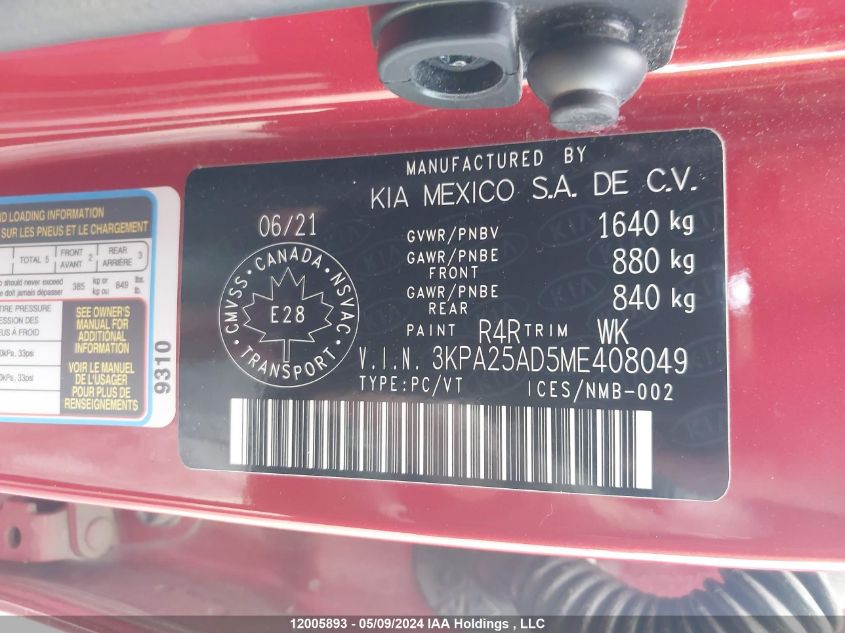2021 Kia Rio 5-Door VIN: 3KPA25AD5ME408049 Lot: 12005893