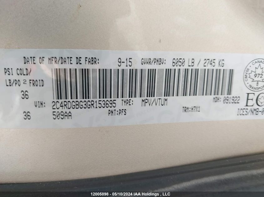 2016 Dodge Grand Caravan Se VIN: 2C4RDGBG3GR153695 Lot: 12005898