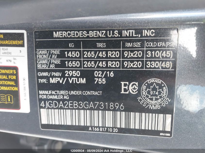 2016 Mercedes-Benz Gle VIN: 4JGDA2EB3GA731896 Lot: 12005934