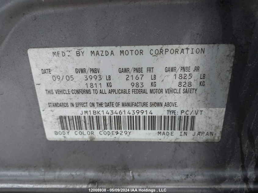 2006 Mazda Mazda3 VIN: JM1BK143461439914 Lot: 12005938